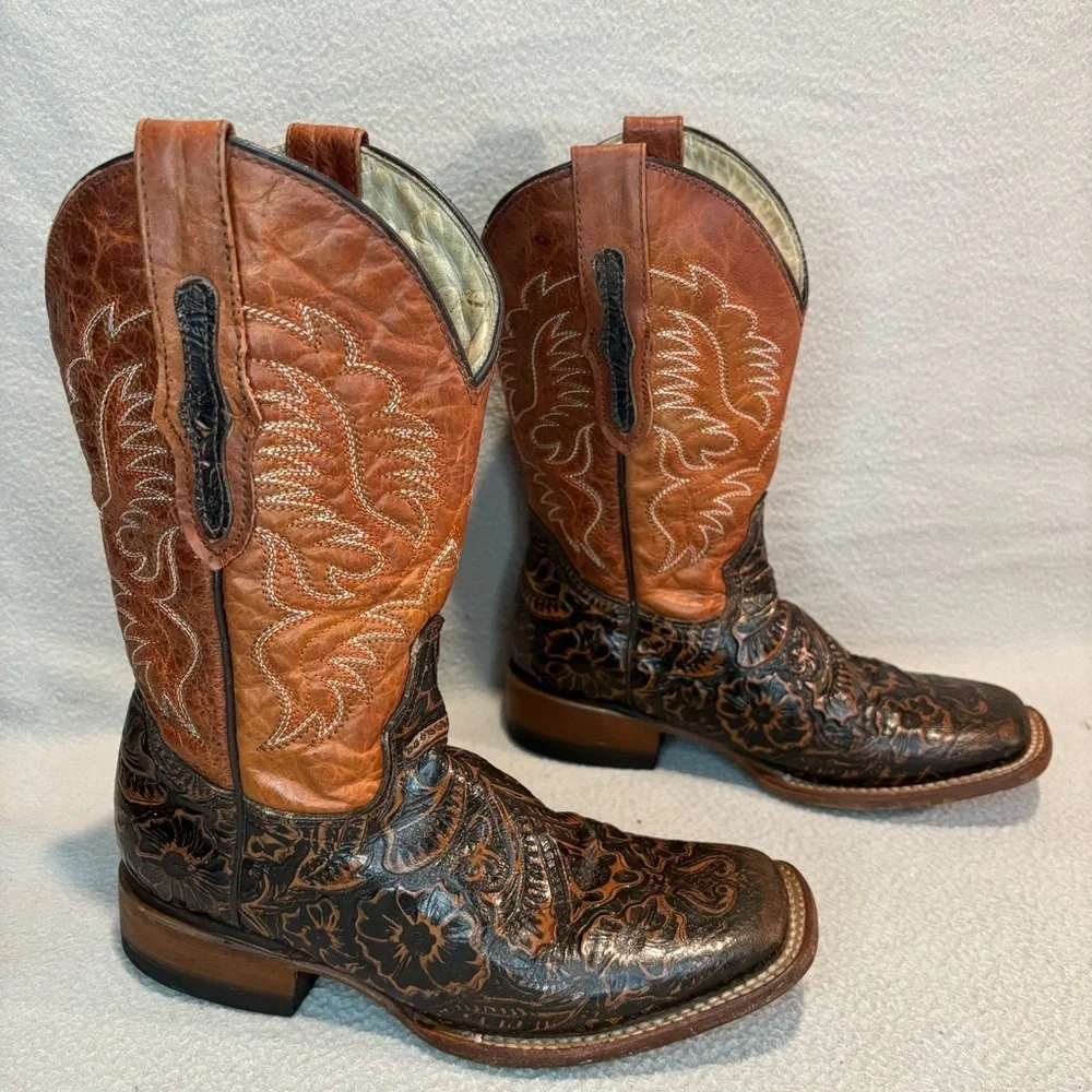 Kids Western Embroidered Boots - Brown and Black